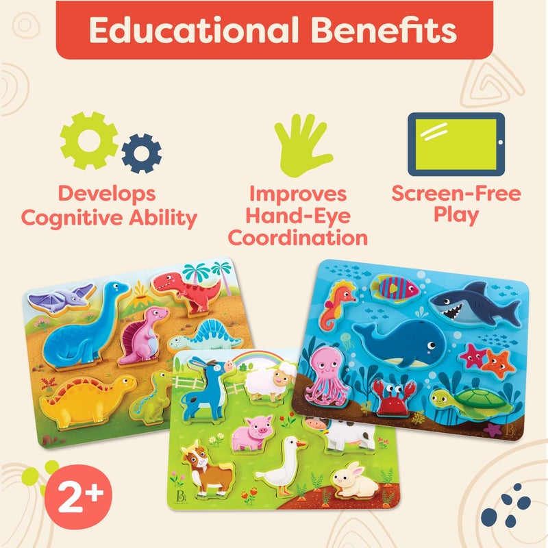 B. toys- Peek & Explore 3-Pack - Farm, Sea, Dinos- Chunky Puzzle 3-Pack - Wooden Puzzles- 8 Pieces Each - 2 Years + - Image 4